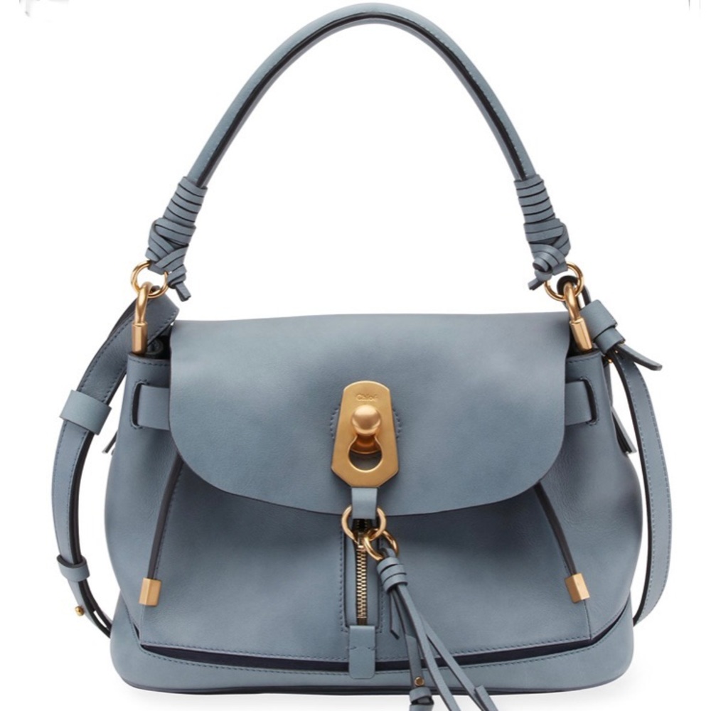 Chloe Cloudy Blue Small Owen Bag with Flap in Smooth & Suede Calfskin